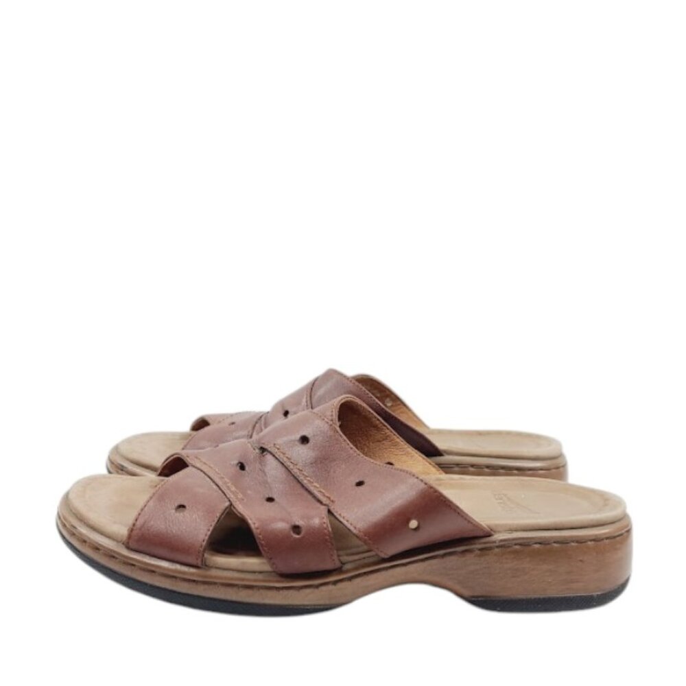 Dansko Women's Brown Elliot Open Toe Leather Slip-On Cross Strappy Sandal Size 9